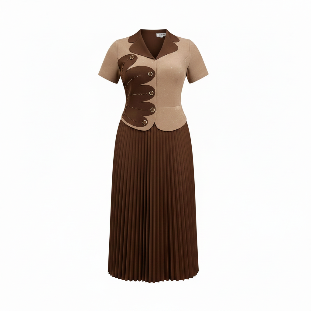 Ghost Mannequin – Straight Beige & Brown Appliqué Midi Dress