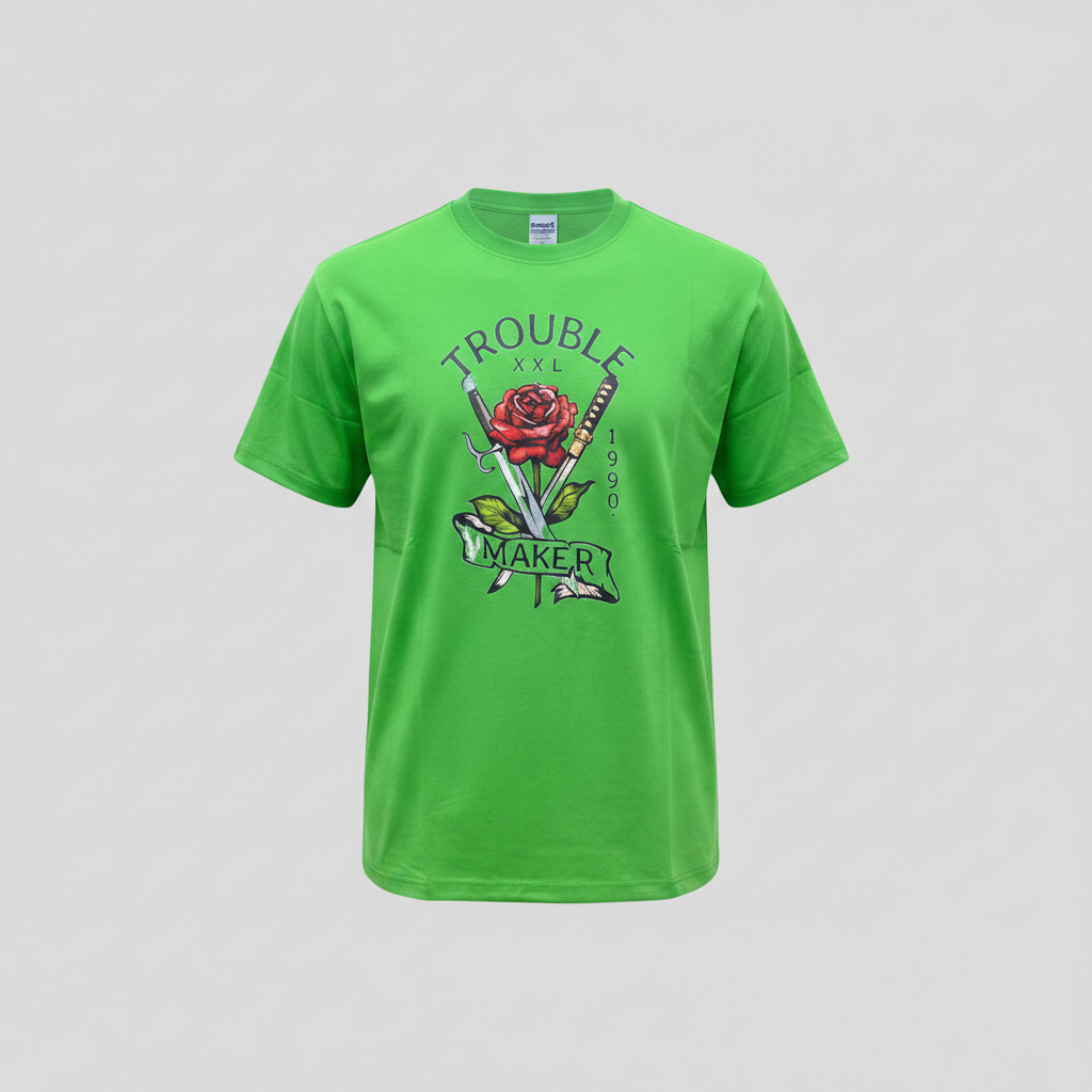 Ghost mannequin version of the green Trouble Maker tee