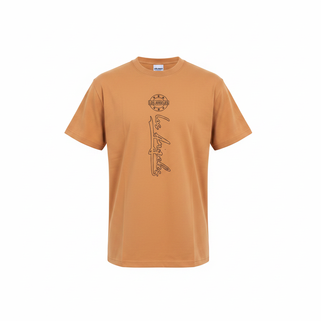 Ghost mannequin version of the orange Los Angeles tee