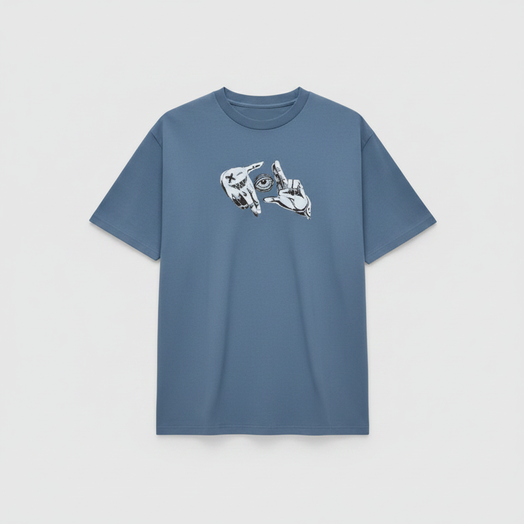 Ghost mannequin version of the steel blue line-art tee