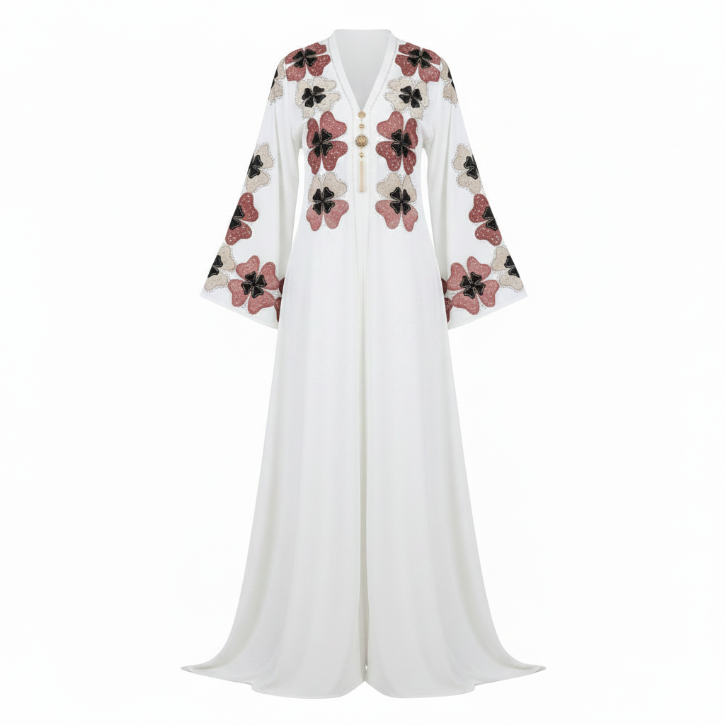 Ghost Mannequin – White Floral Abaya (Corrected)