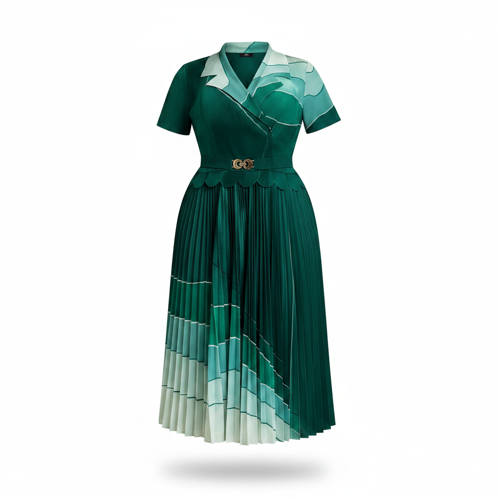 Ghost Mannequin — Women's Emerald Green Colour-Block Pleated Midi Dress