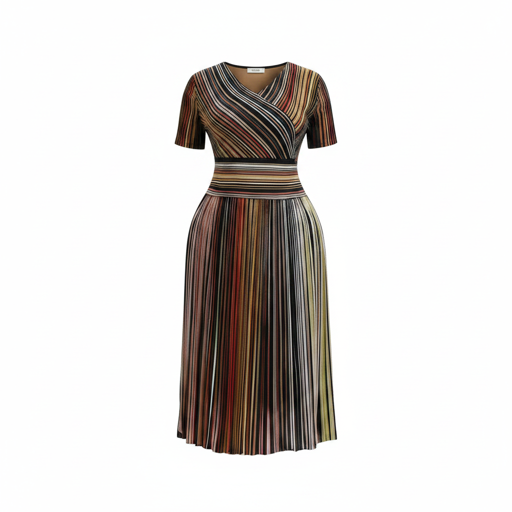 Ghost Mannequin — Women's Multicolour Striped Pleated Wrap Midi Dress