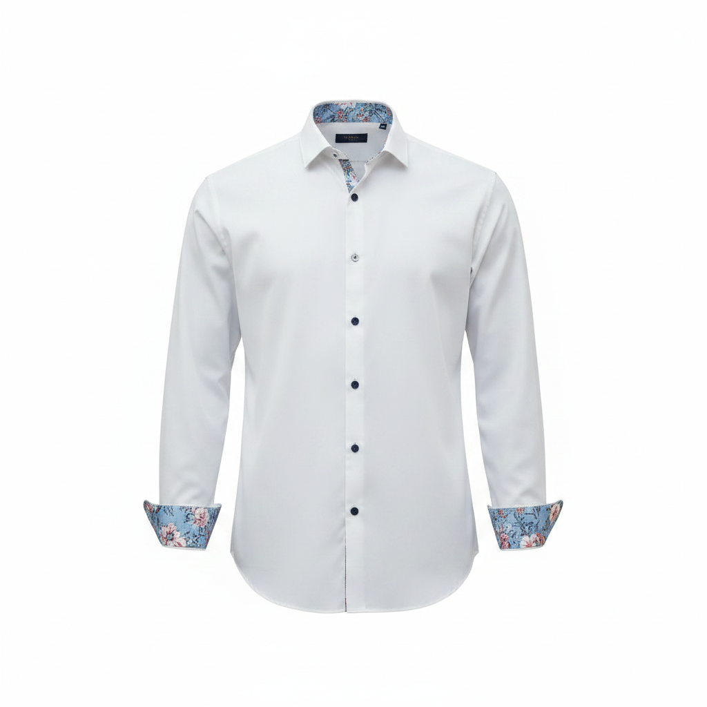 White Floral Contrast Cuff Dress Shirt