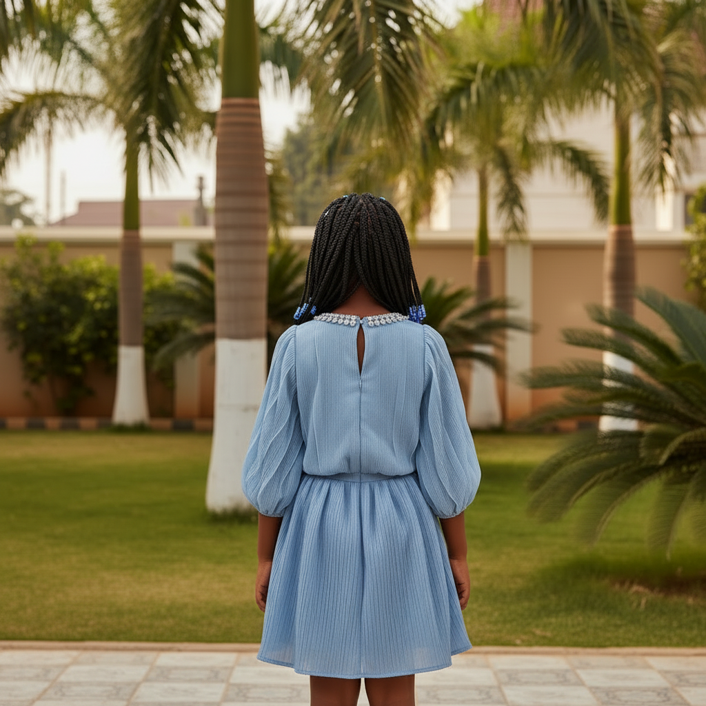 Girls Blue Pleated Puff Sleeve Top – Back View Model