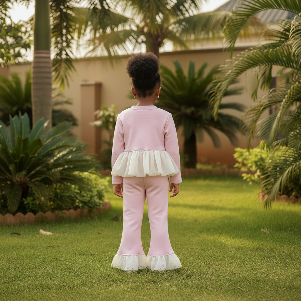 Girls Pink Tulle Peplum Set – Back View Model