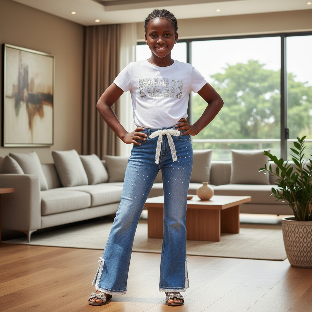 Girls Rhinestone Lace Flare Jeans - Model