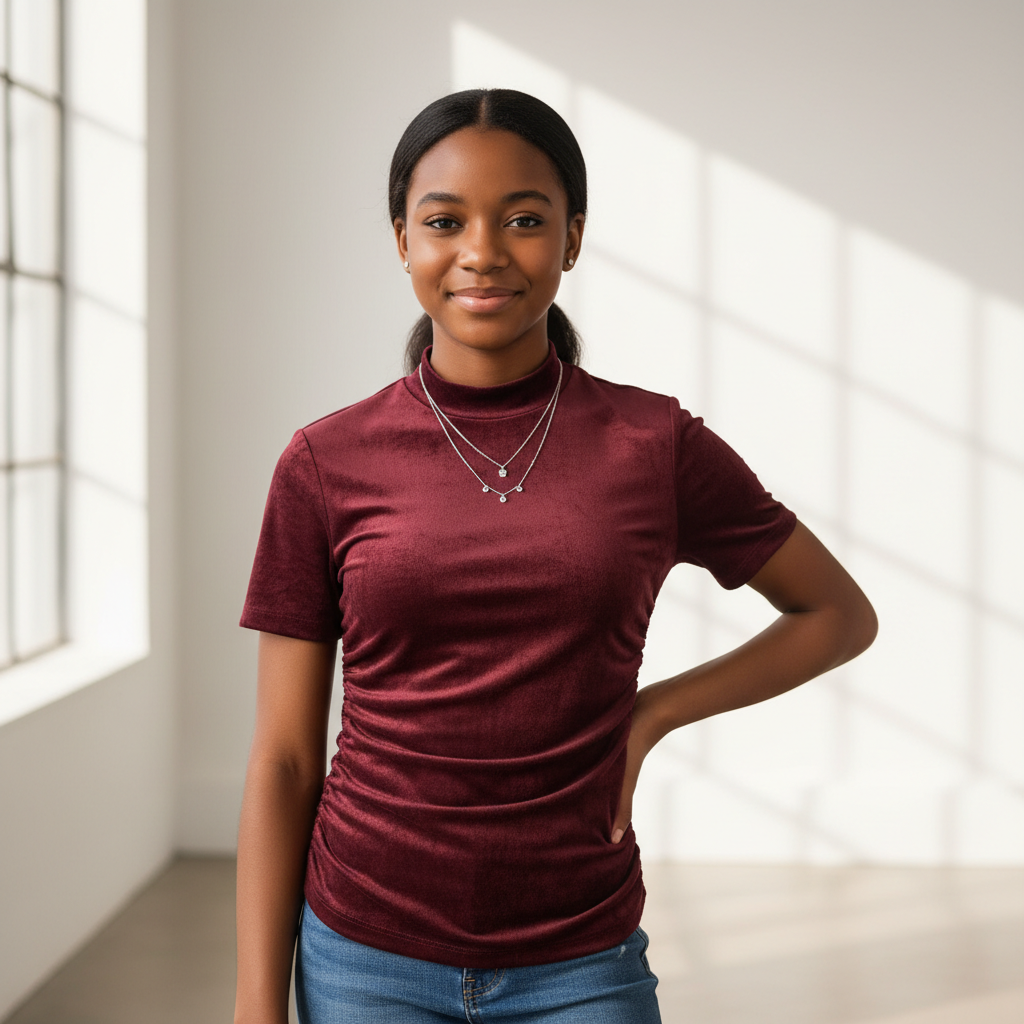 Girls Suede Mock-Neck Ruched Tee - Teen Model
