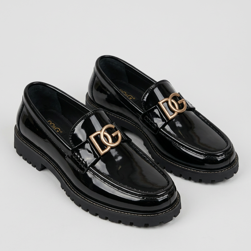 Glossy black loafers with metallic hardware pair shot