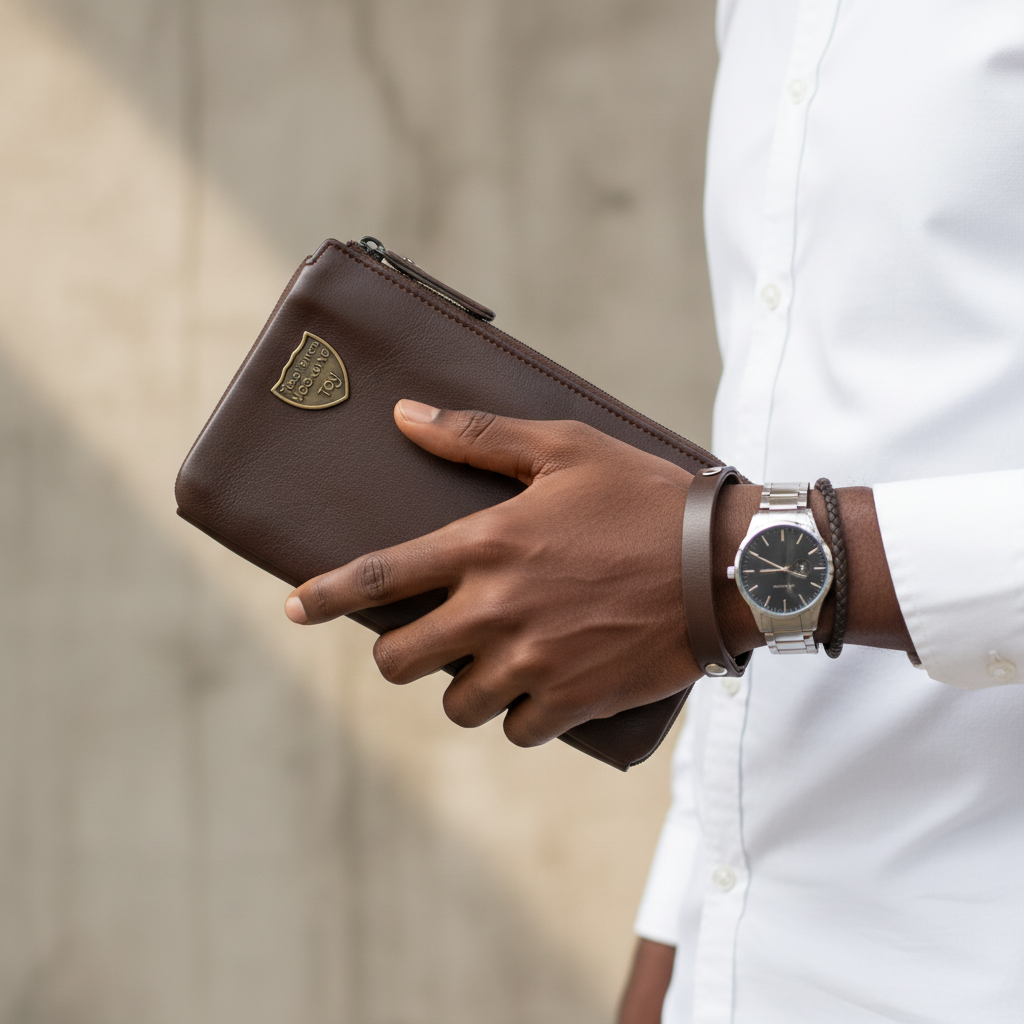 Gololion Brown Leather Clutch – Model Hand Shot