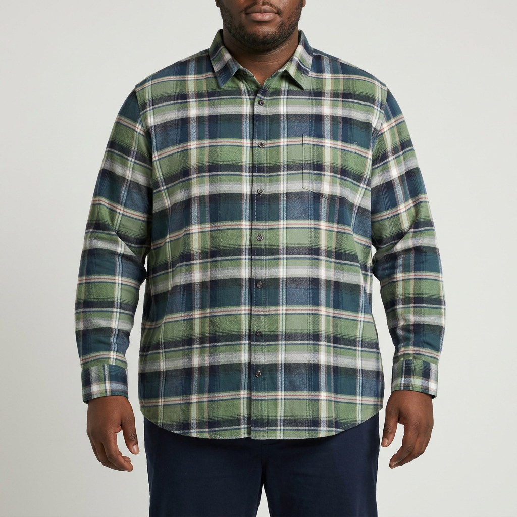 Green and navy checked shirt on a model