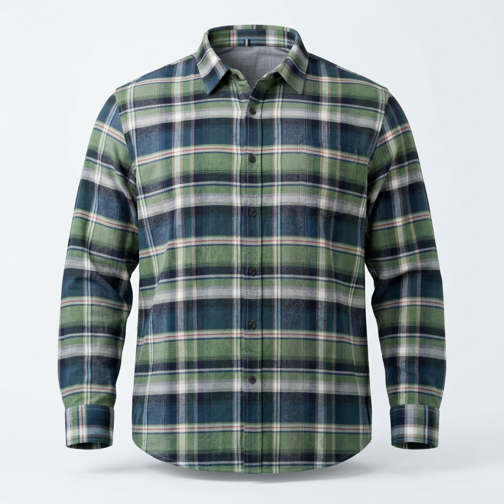 Green and navy checked shirt on an upright invisible mannequin