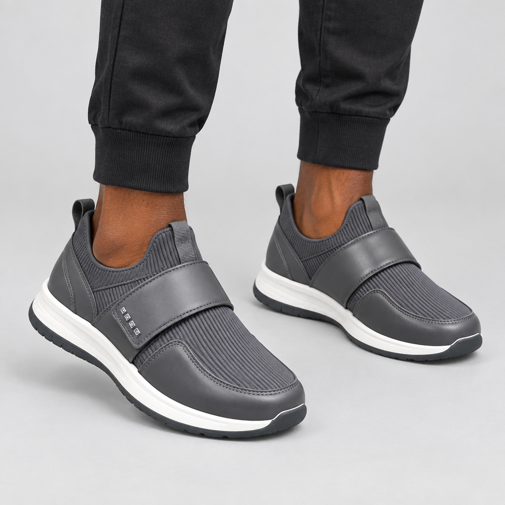 Grey Ribbed Strap Slip-On Sneaker – Male Model Shot