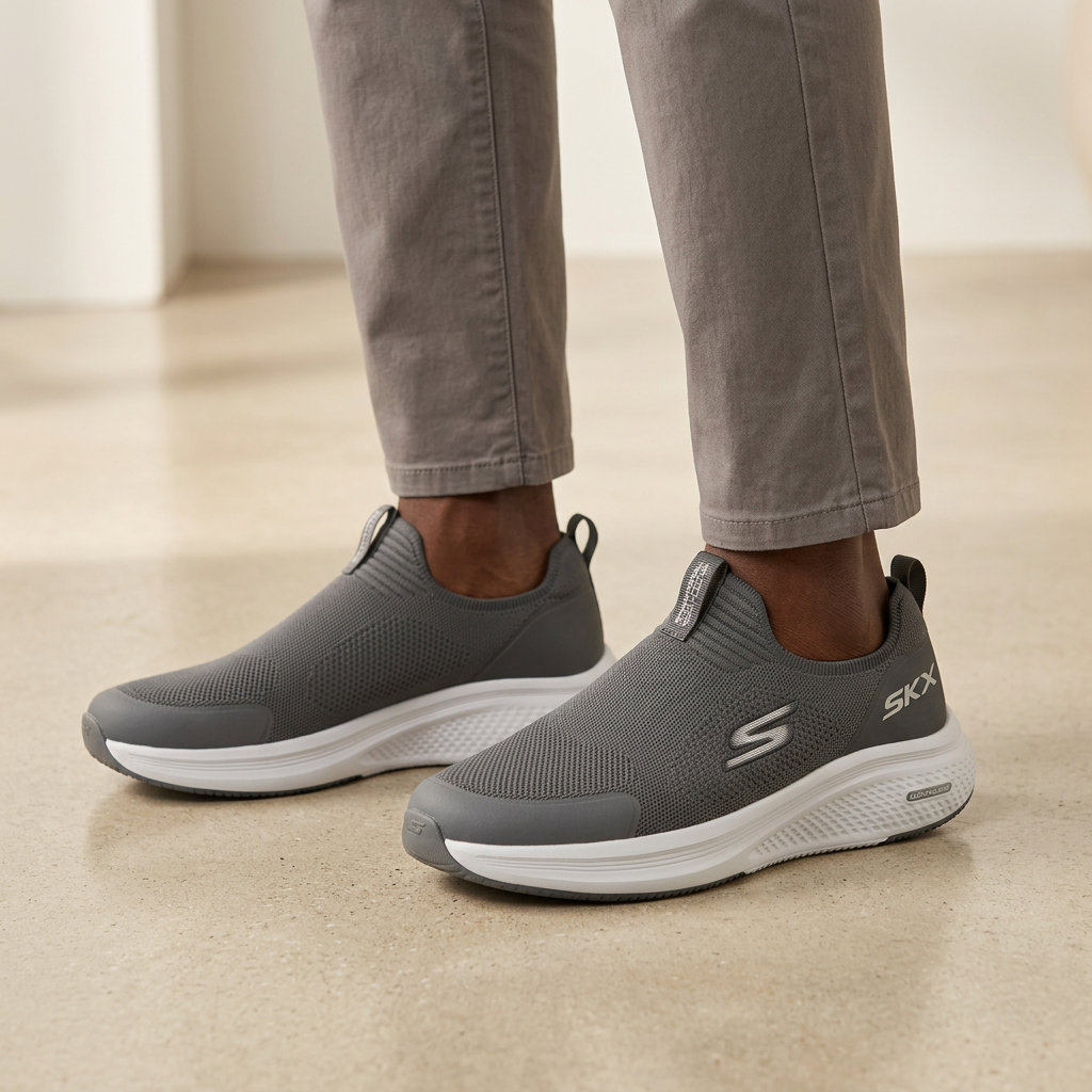 Grey slip-on sneakers model preview