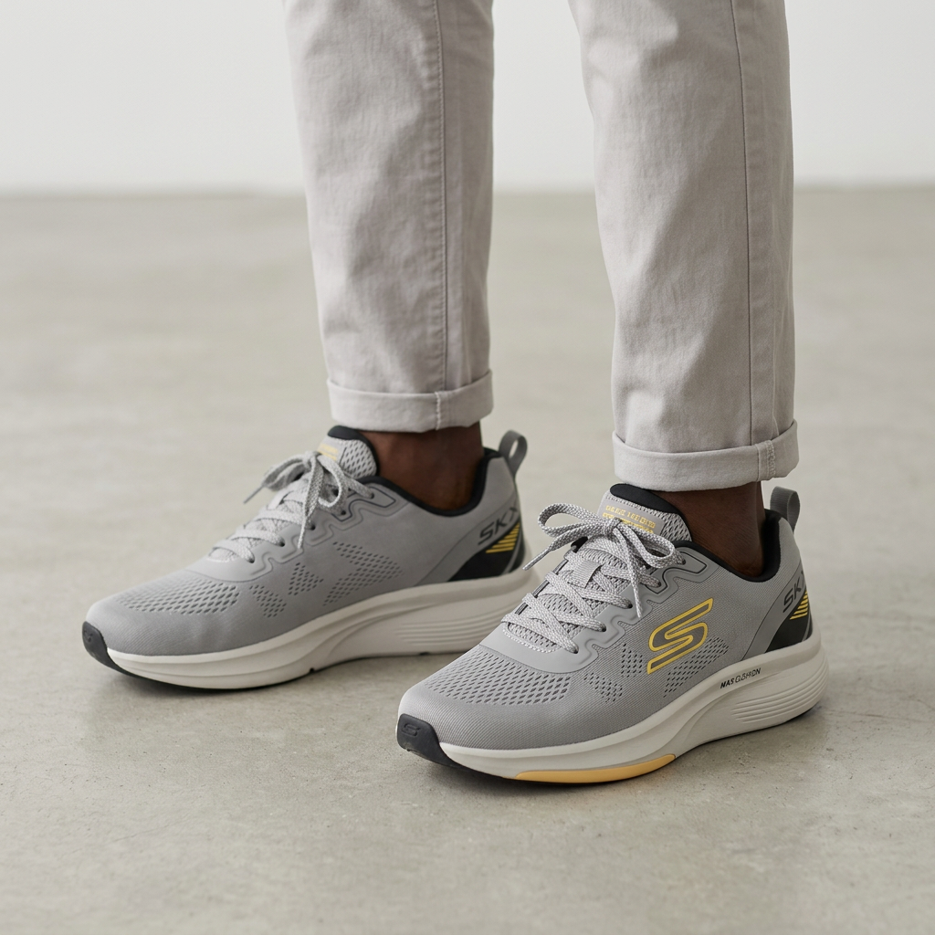 Grey sneakers with yellow accents model preview