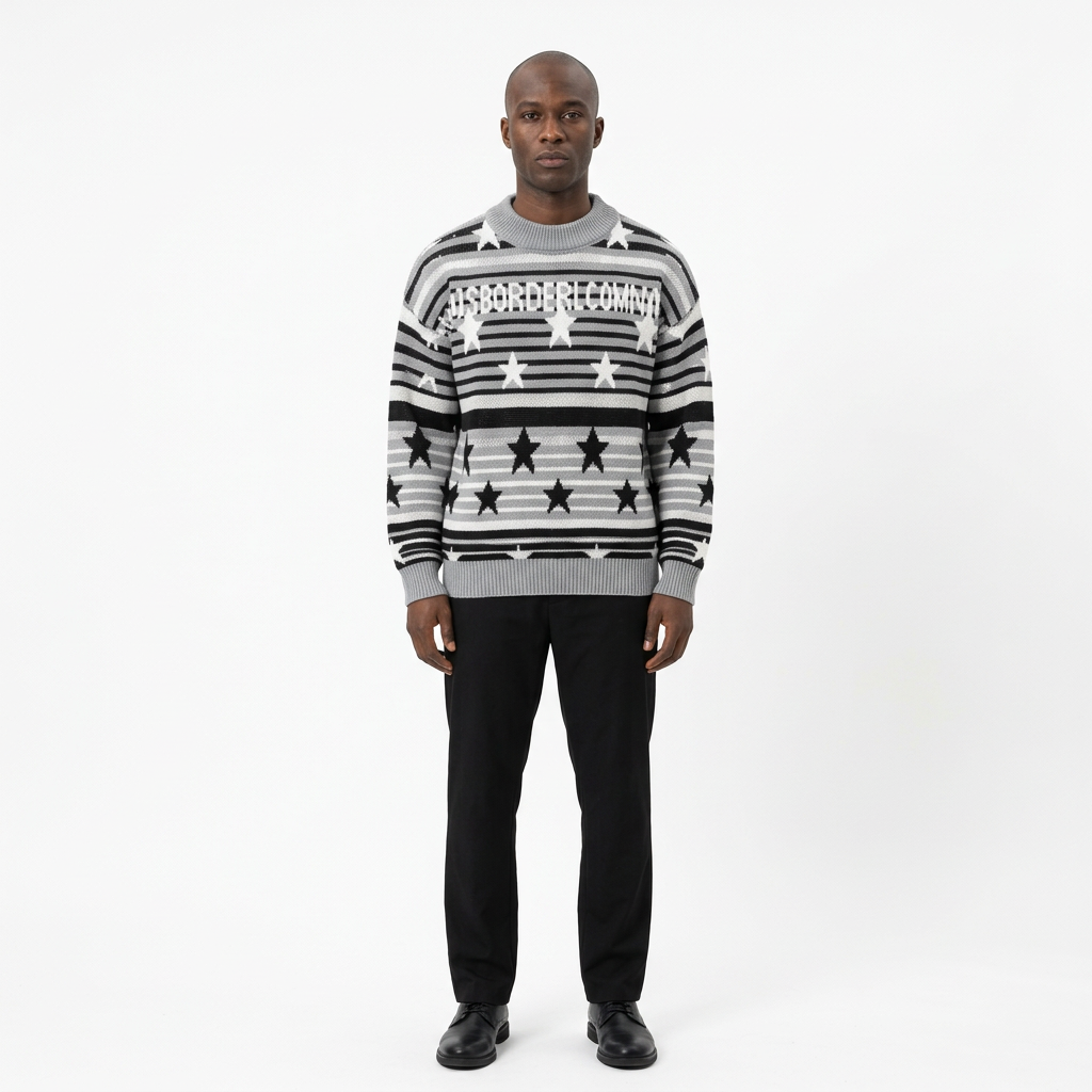 Grey star-and-stripe sweater model preview