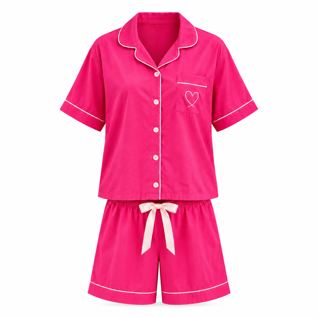 Hot pink pajama set on a ghost mannequin with longer shorts