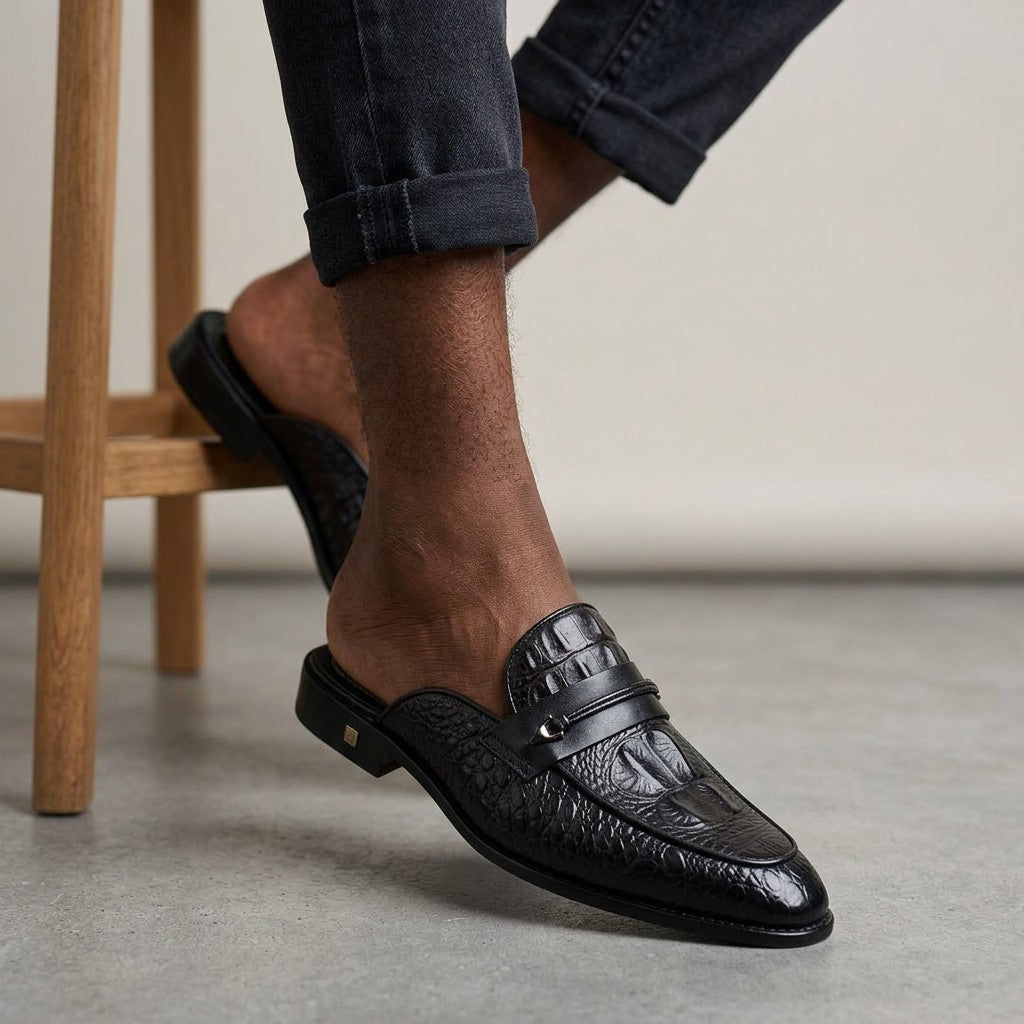 Black Croc-Embossed Double Monk Mule