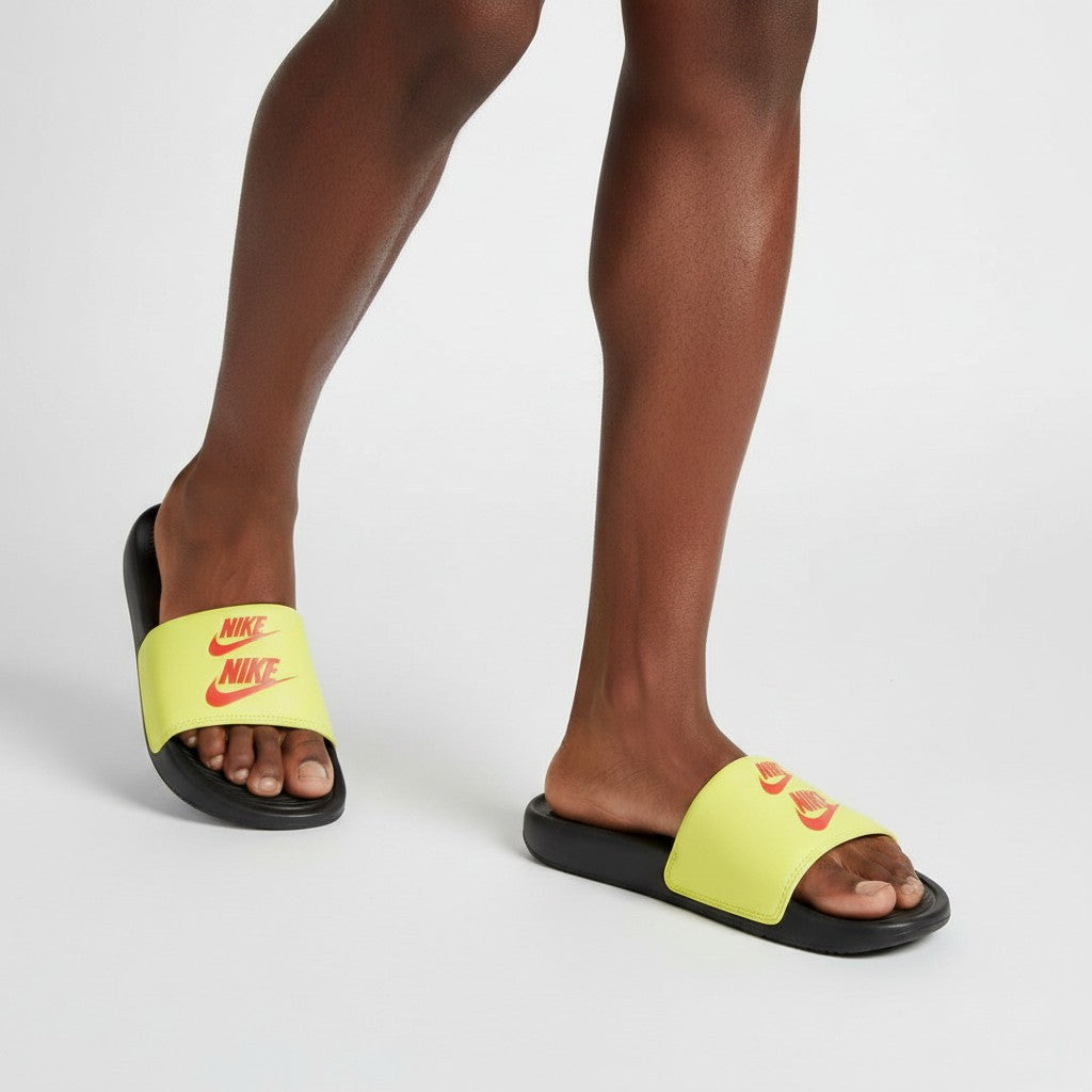 Black Neon Yellow Flame Graphic Strap Ribbed Men's Slides