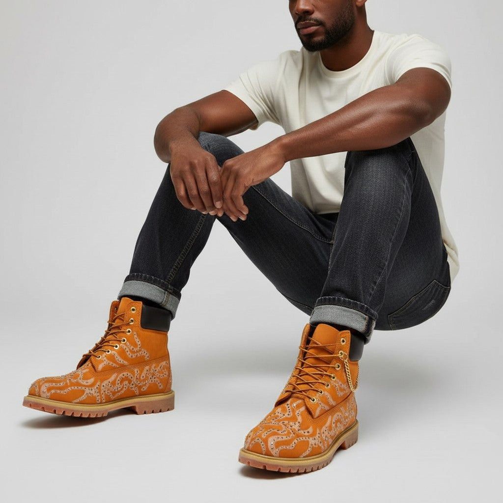 Orange Crystal Wave Stud Gold Chain Lace-Up Men's Boots