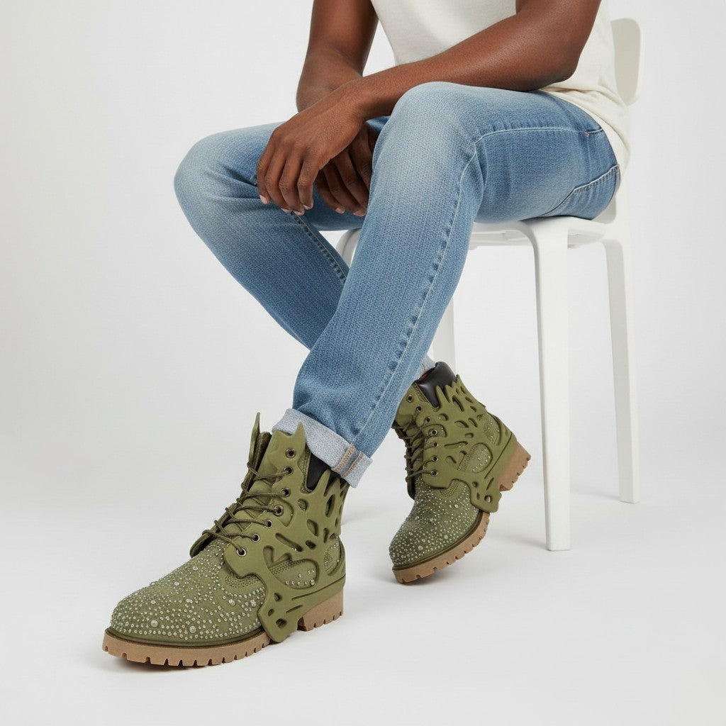 Olive Green Crystal Studded Cage Flame Lace-Up Men's Boots