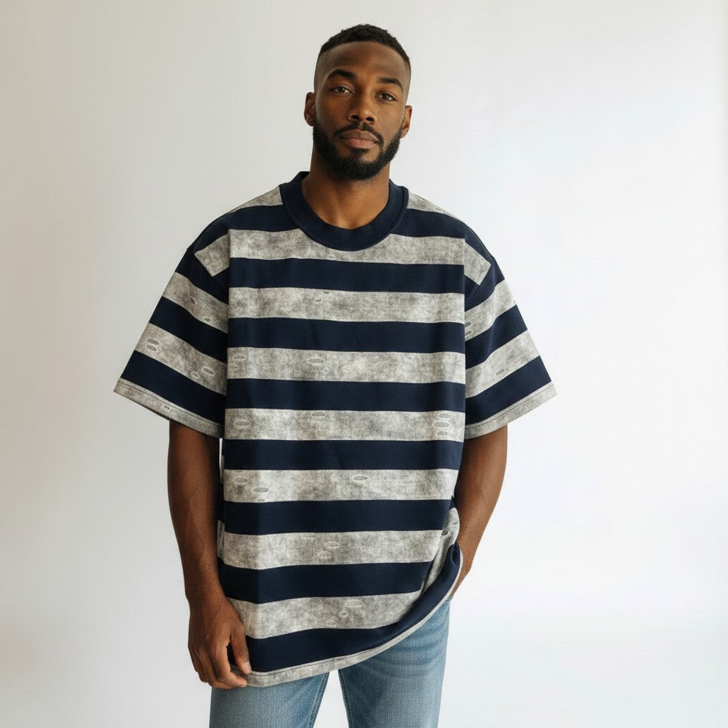 Bold Stripe Round Neck Tee – Navy/Grey