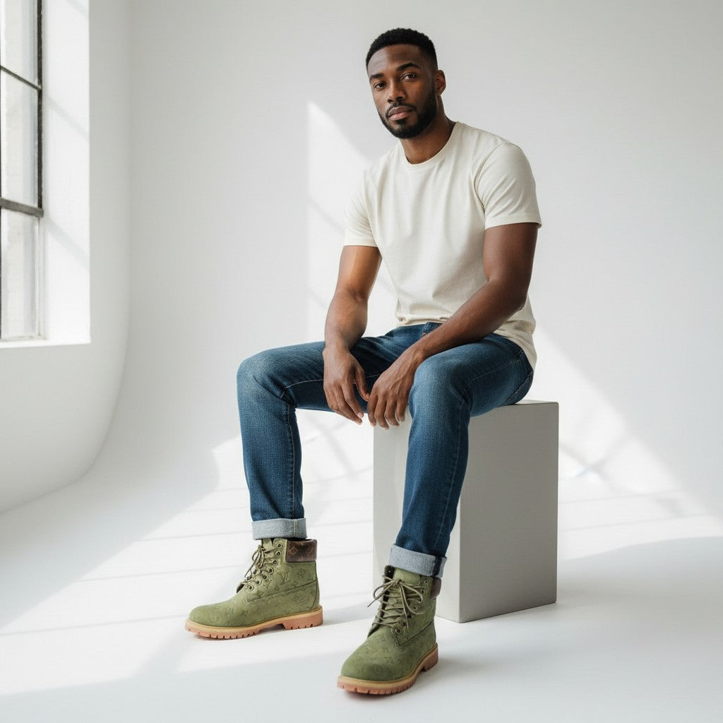 Olive Green Monogram Embossed Lace-Up Men's Boots