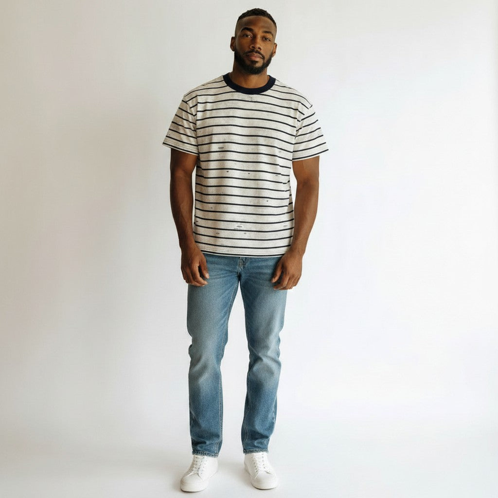 Navy Pinstripe Round Neck Tee – Cream