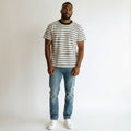 Navy Pinstripe Round Neck Tee – Cream