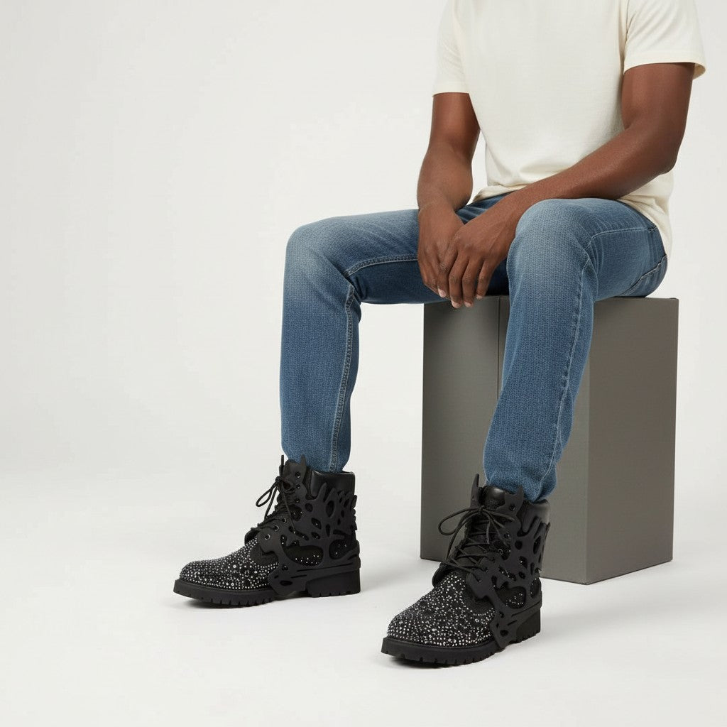 All-Black Crystal Studded Cage Sole Lace-Up Men's Boots