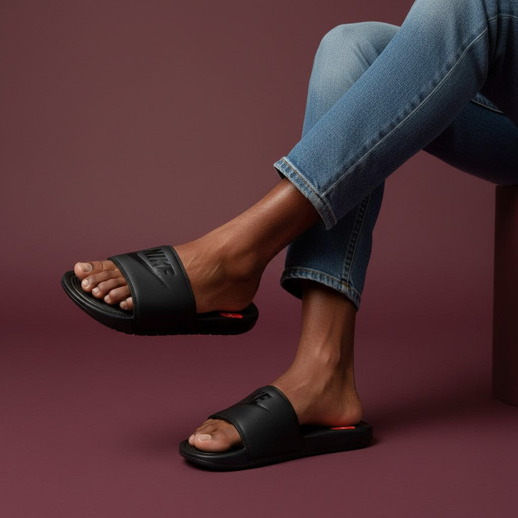 All-Black Logo Strap Ribbed Men's Slides