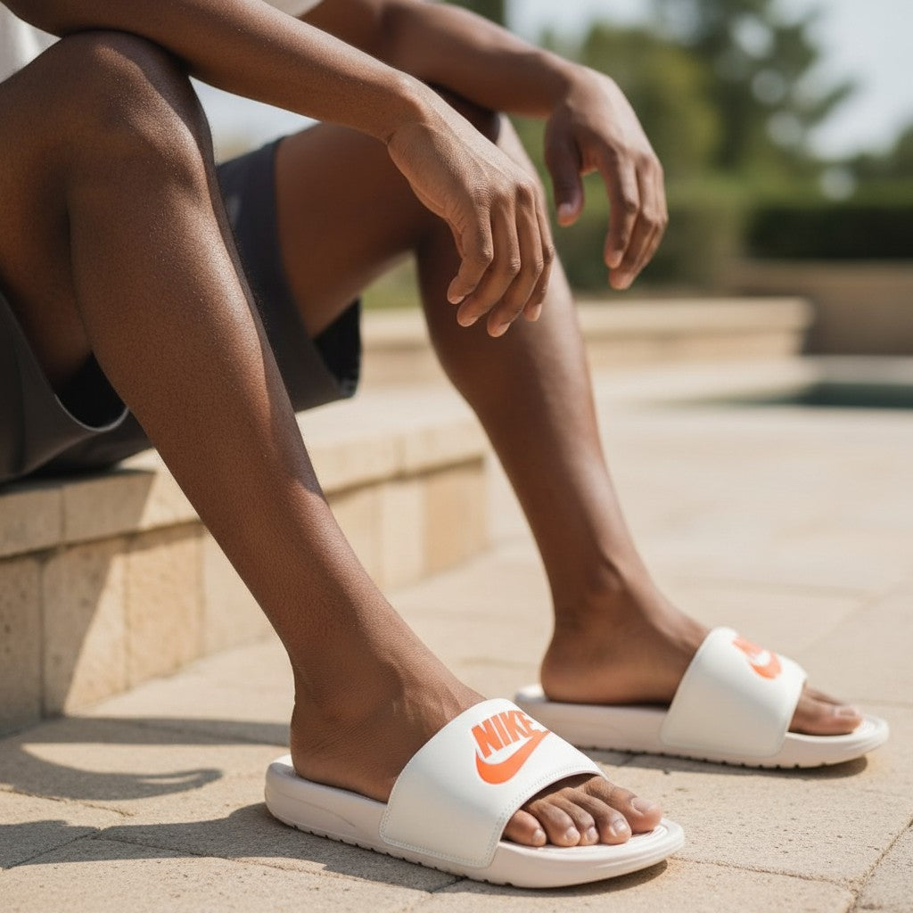 Cream Orange Logo Strap Ribbed Men's Slides