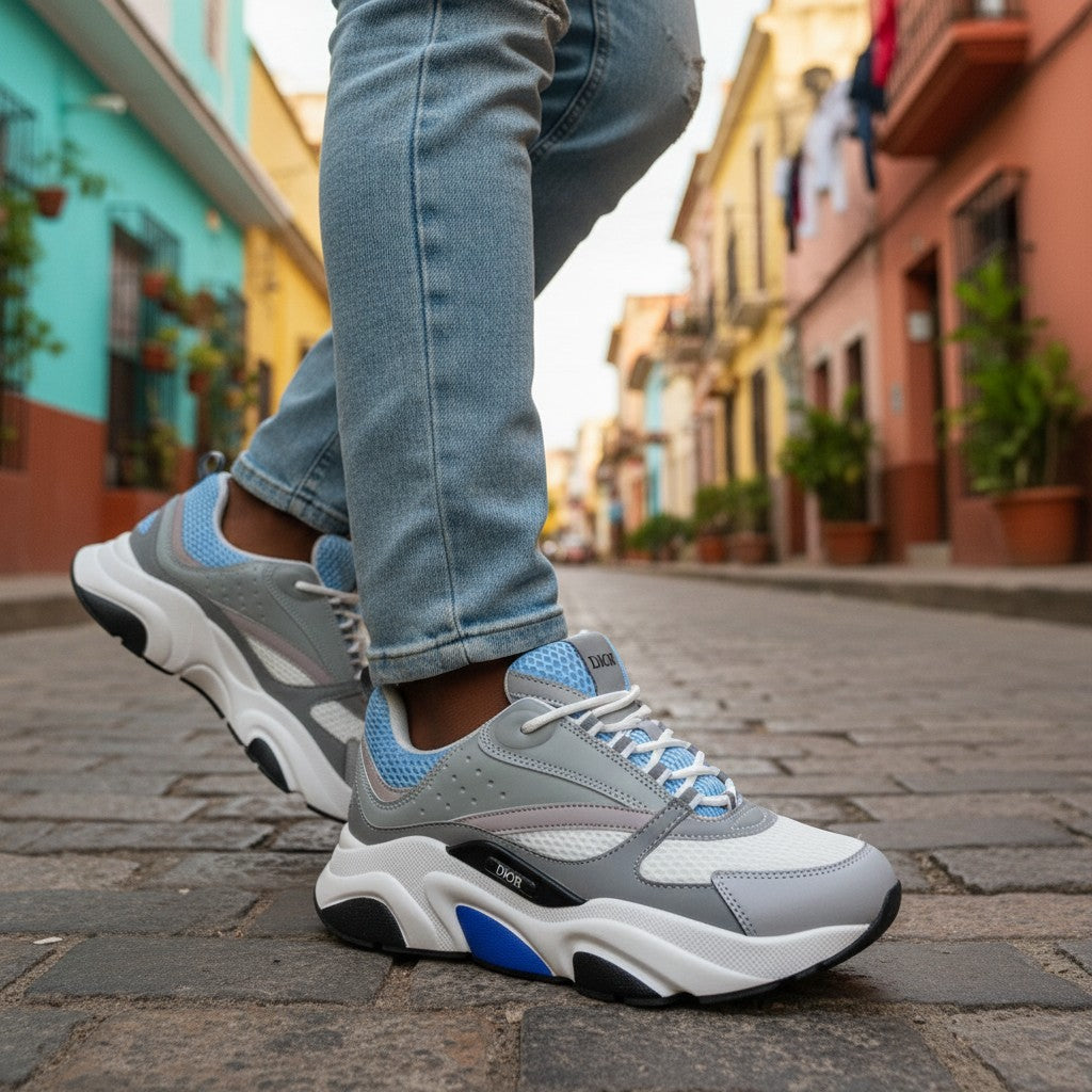 Grey Blue Sculpted Chunky Low-Top Sneakers