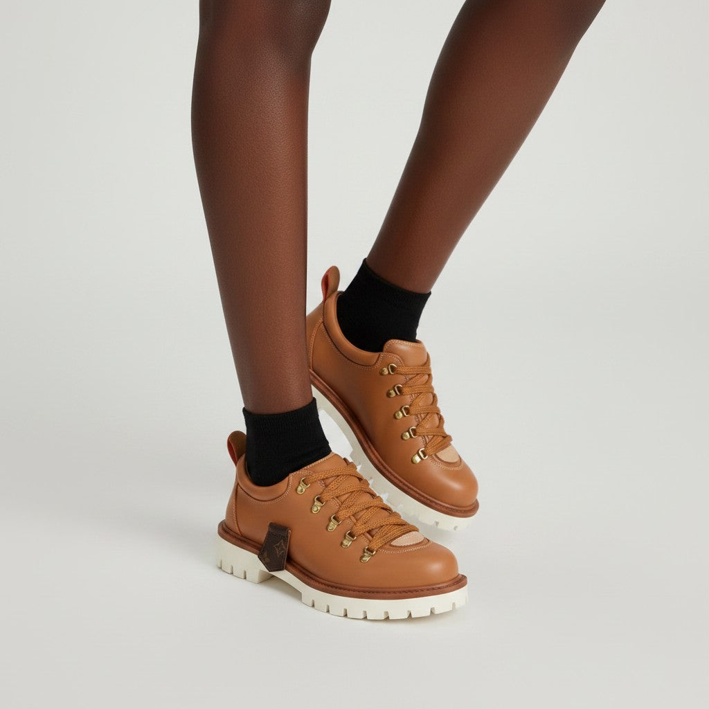 Men's Tan & Black Chunky Lace-Up Leather Sneakers with Monogram Charm