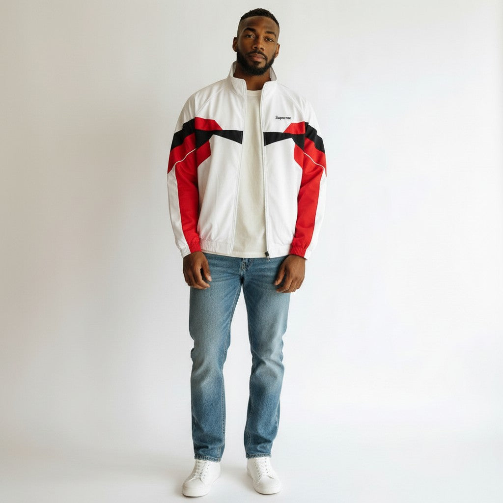 Men's Colourblock Zip-Up Track Jacket - White & Red