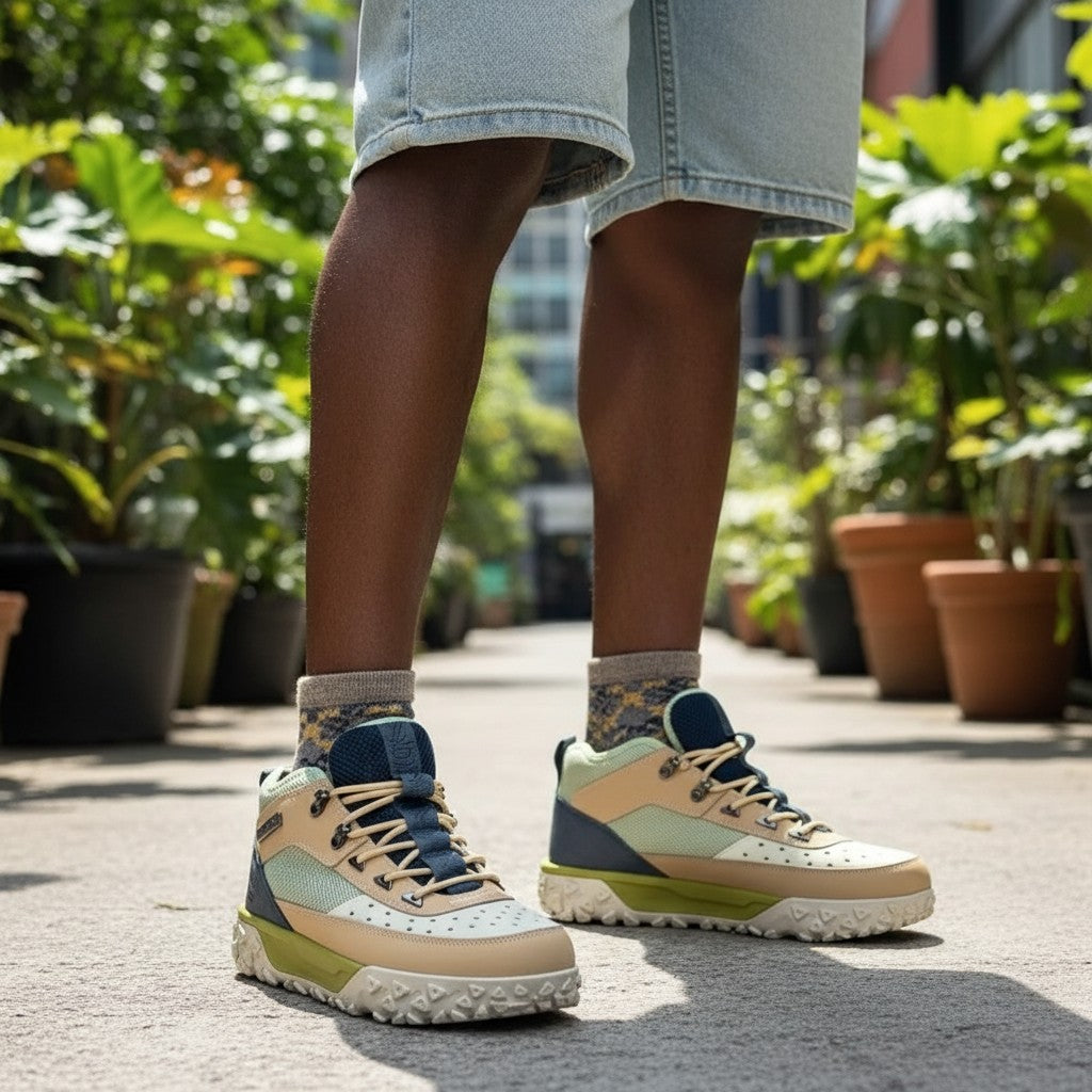 Cream Sage Navy Mid-Top Trail Hiking Sneakers