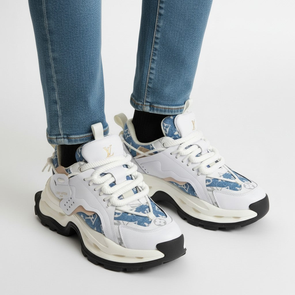 Men's White & Blue Monogram Chunky Sneakers