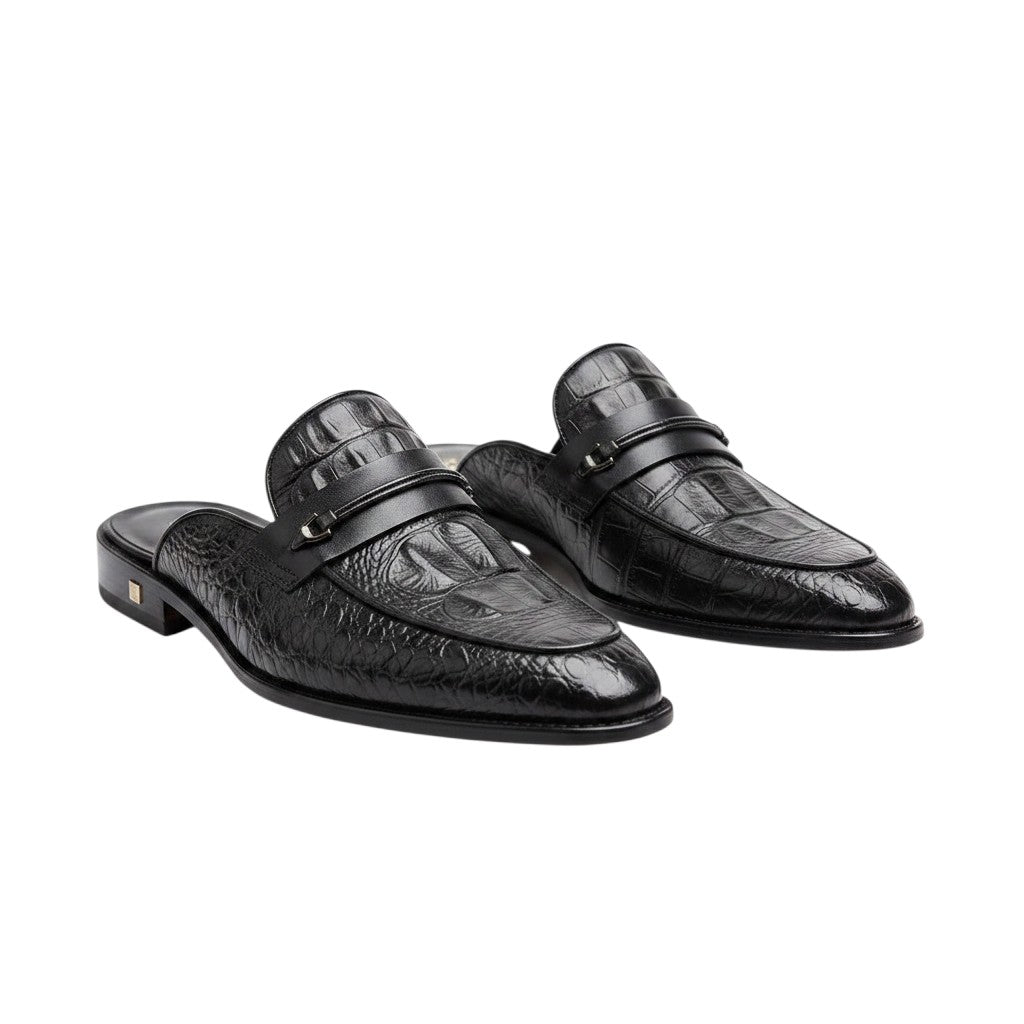 Black Croc-Embossed Double Monk Mule