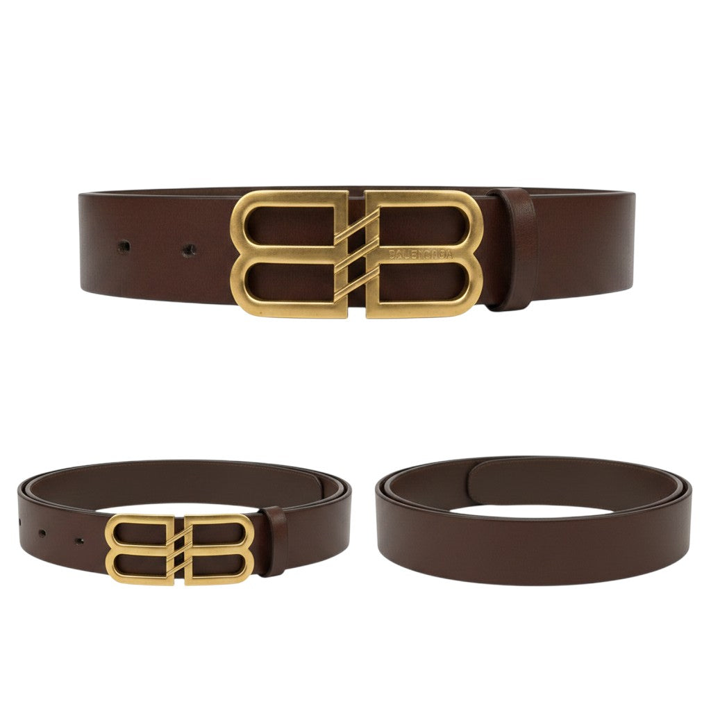 Brown Leather Gold Double-B Logo Buckle Men's Belt