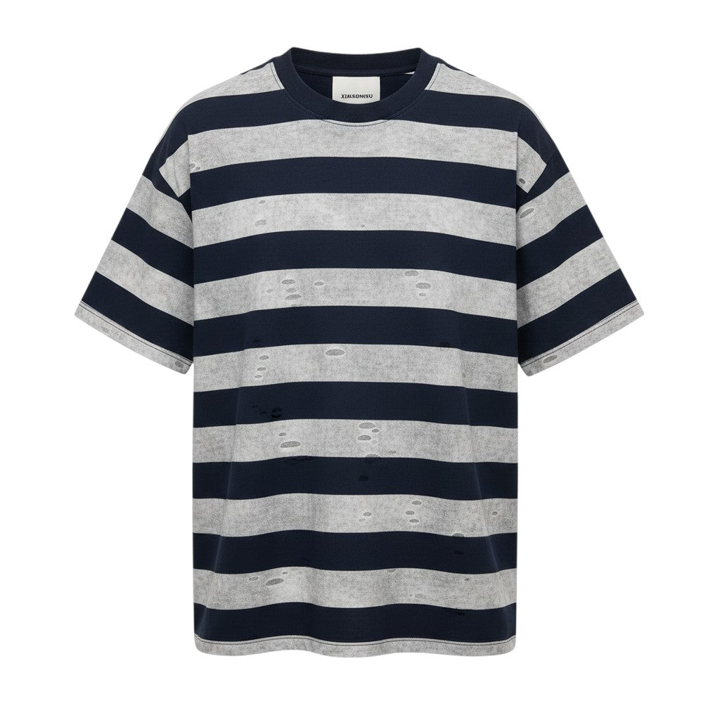 Bold Stripe Round Neck Tee – Navy/Grey