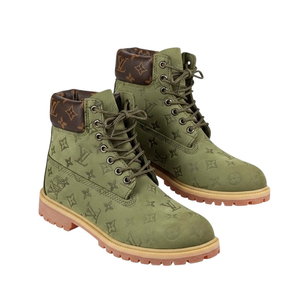 Olive Green Monogram Embossed Lace-Up Men's Boots