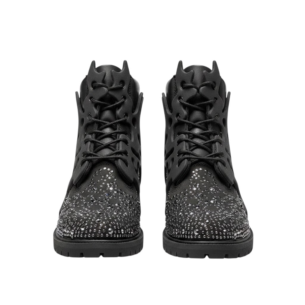 All-Black Crystal Studded Cage Sole Lace-Up Men's Boots