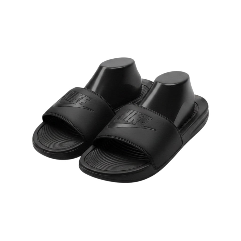 All-Black Logo Strap Ribbed Men's Slides