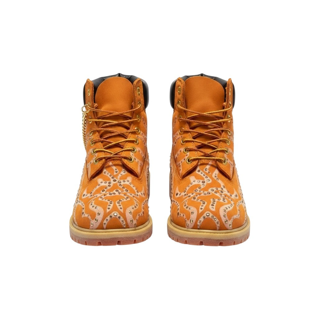 Orange Crystal Wave Stud Gold Chain Lace-Up Men's Boots