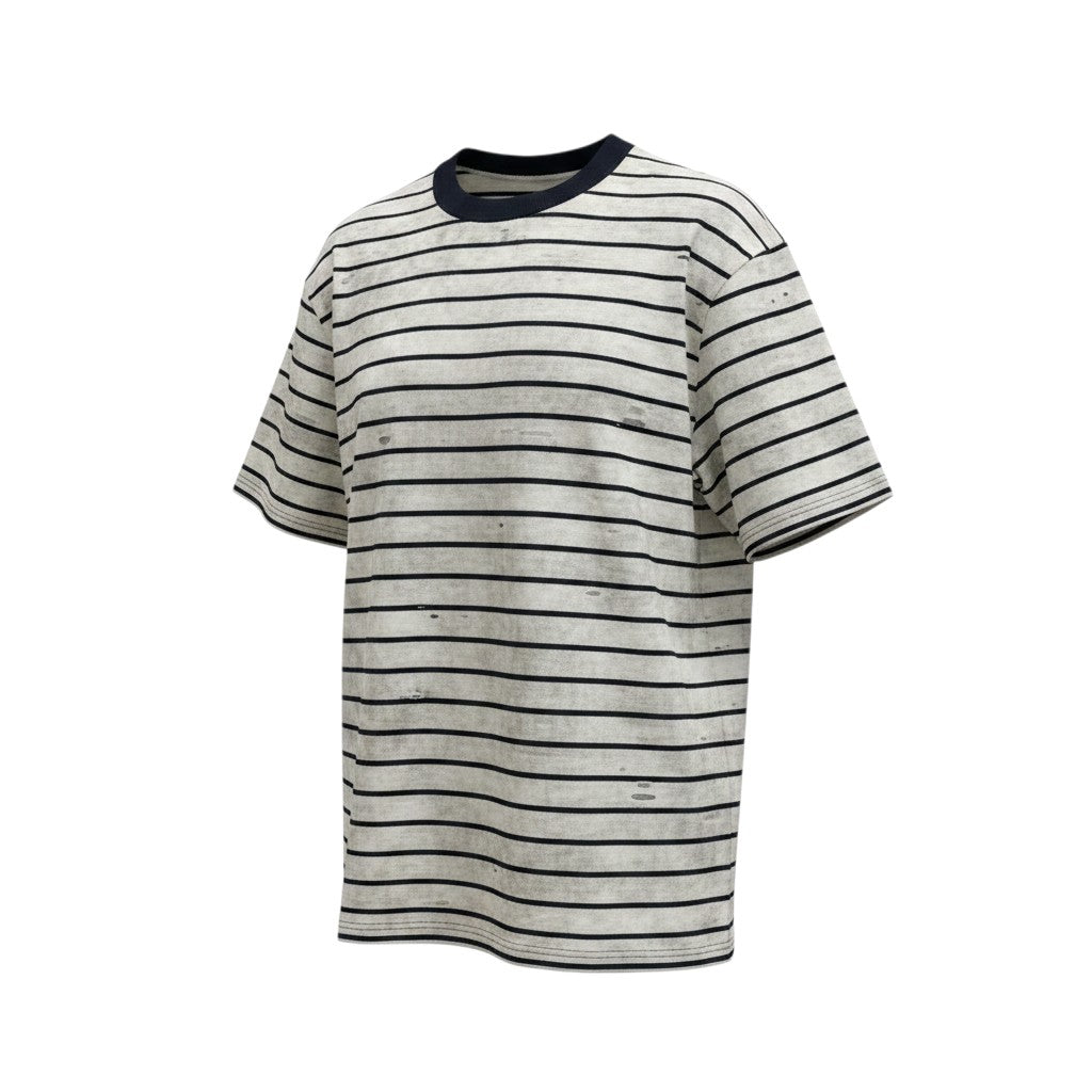 Navy Pinstripe Round Neck Tee – Cream