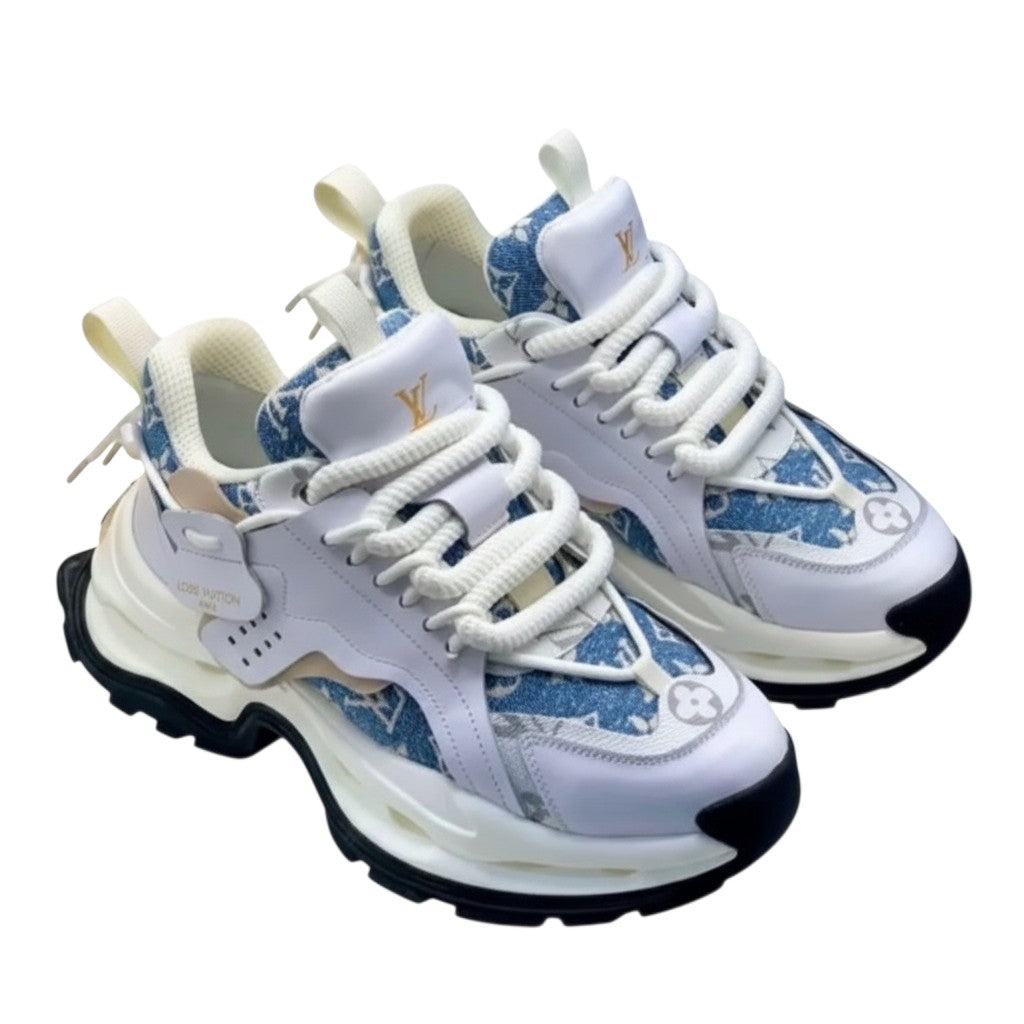 Men's White & Blue Monogram Chunky Sneakers