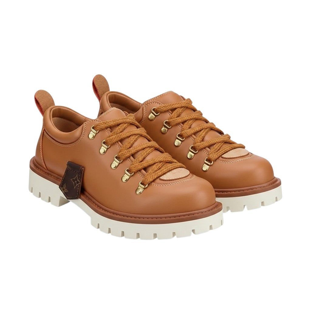Men's Tan & Black Chunky Lace-Up Leather Sneakers with Monogram Charm