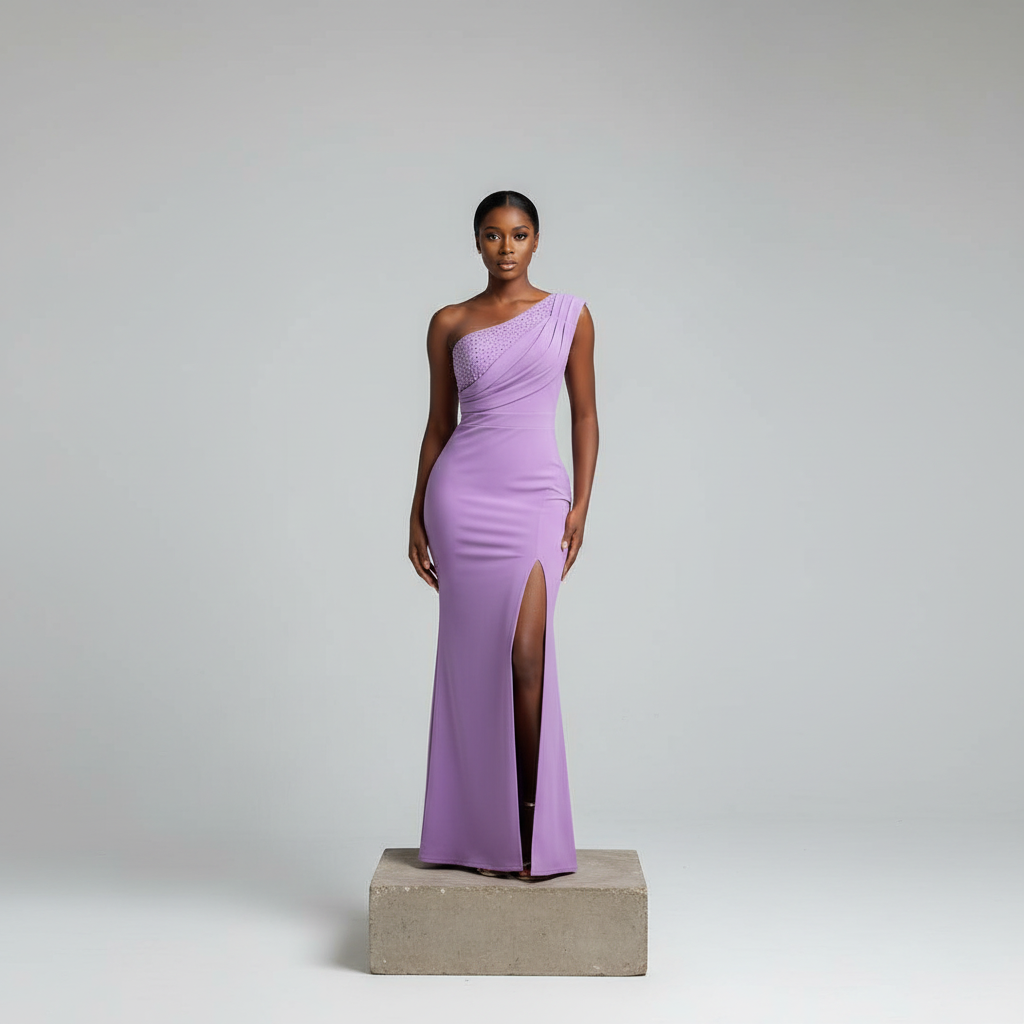 Lilac One-Shoulder Rhinestone Ruched Maxi Gown - Model Shot