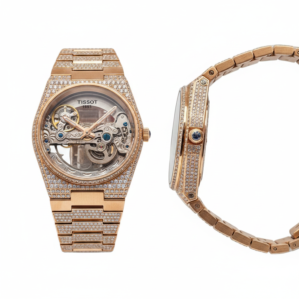 Men's rose gold iced-out diamond skeleton watch — ghost mannequin front and side view