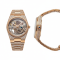 Men's rose gold iced-out diamond skeleton watch — ghost mannequin front and side view